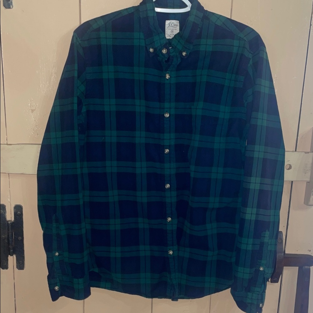 J. Crew Men's Green and Blue Plaid Shirt, size medium